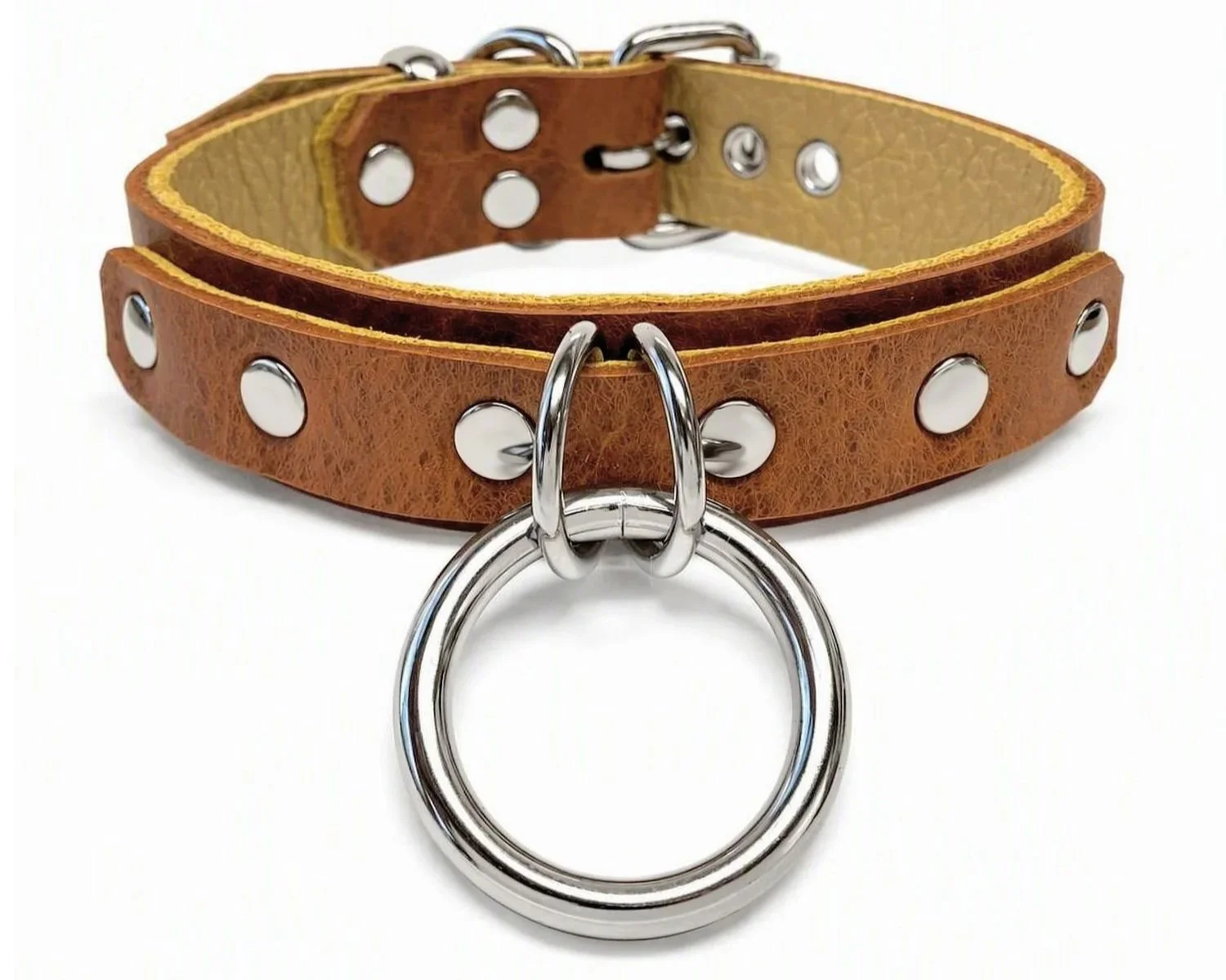 Whiskey Bison Leather BDSM Collar with double d-rings holding a 1.25 O-ring