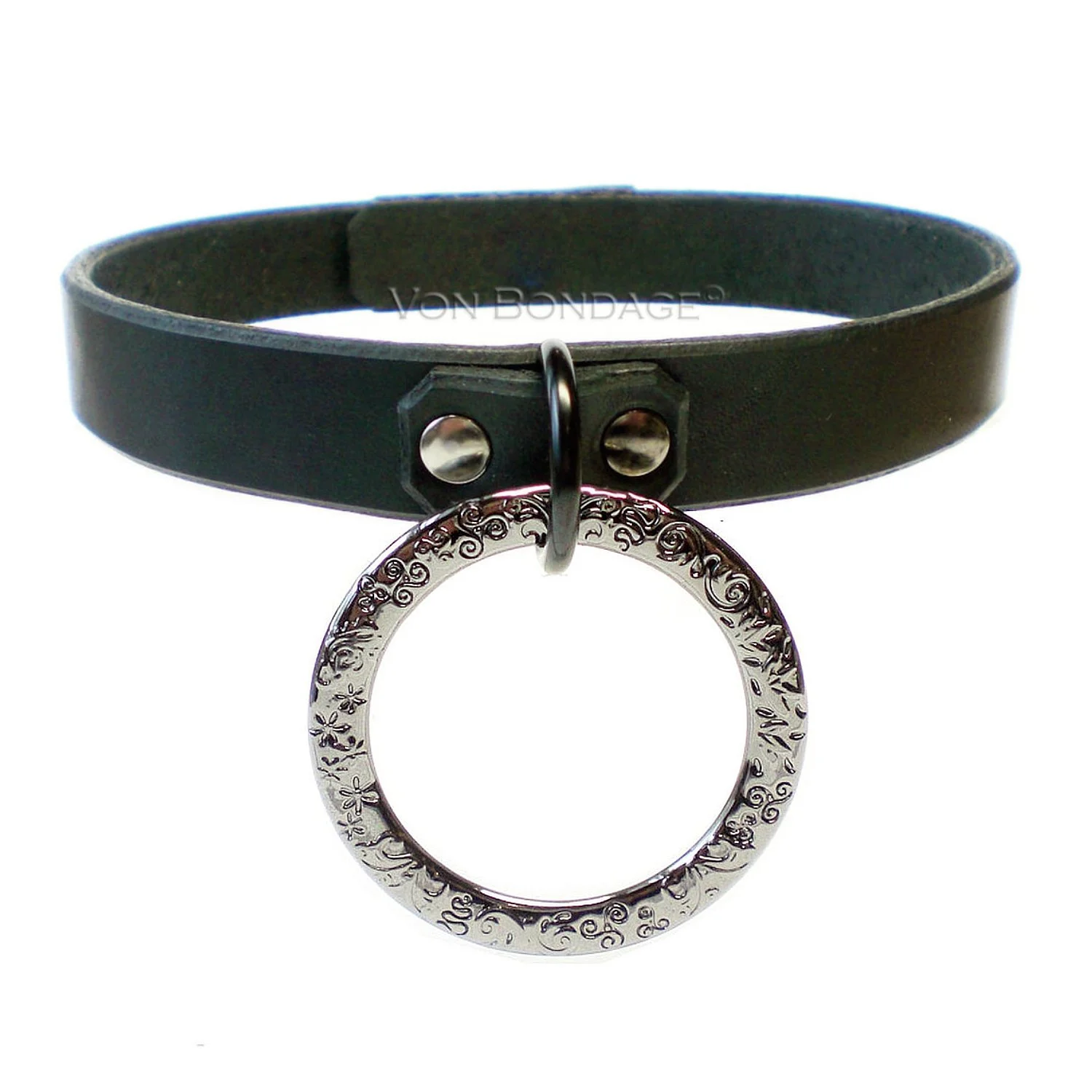Lockable Leather Collar with Fancy Engraved Ring