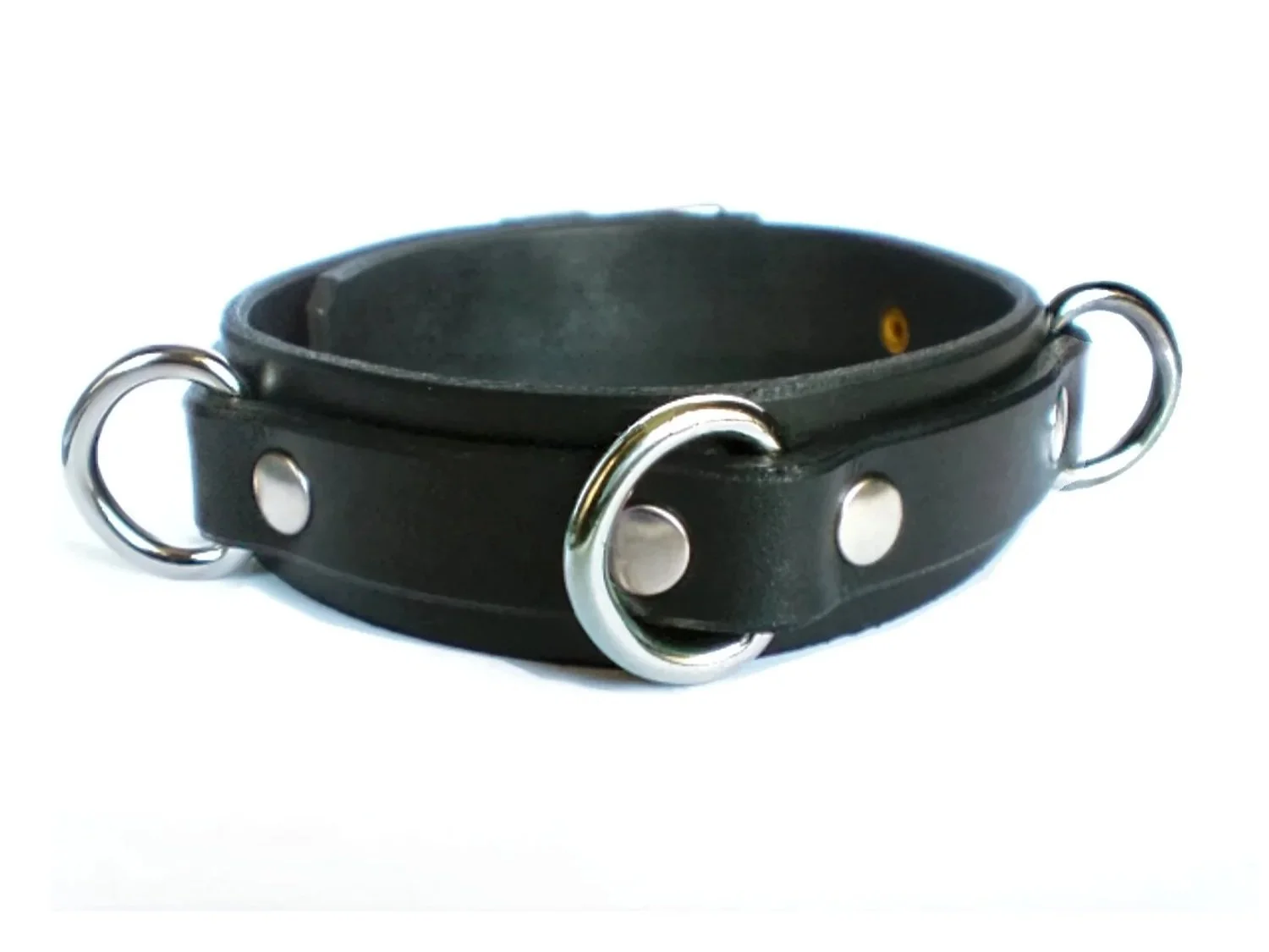 Black Leather Narrow BDSM Collar with 3 small stainless steel dee rings silver rivets