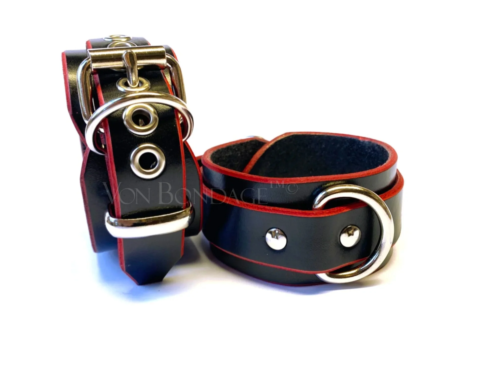 Pair of Black Leather with red edges BDSM Restraints for wrists or ankles