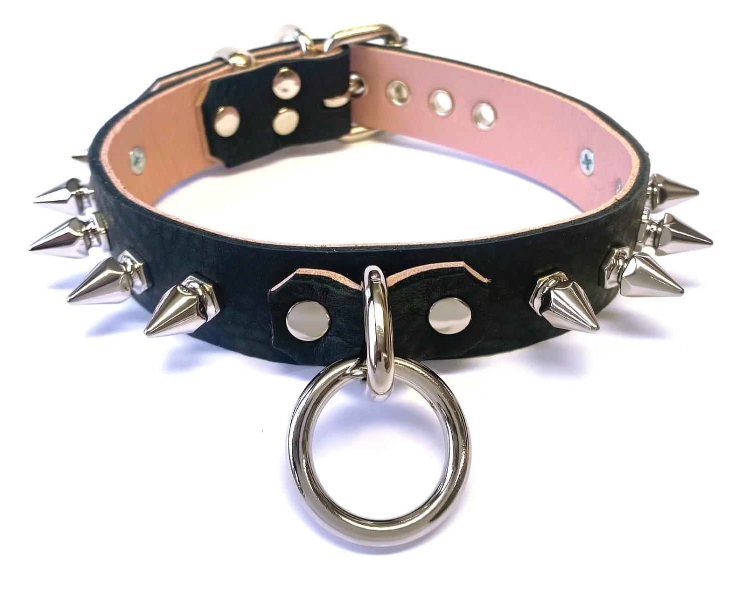 Black & Pink Leather Spiked Collar with Bondage Ring