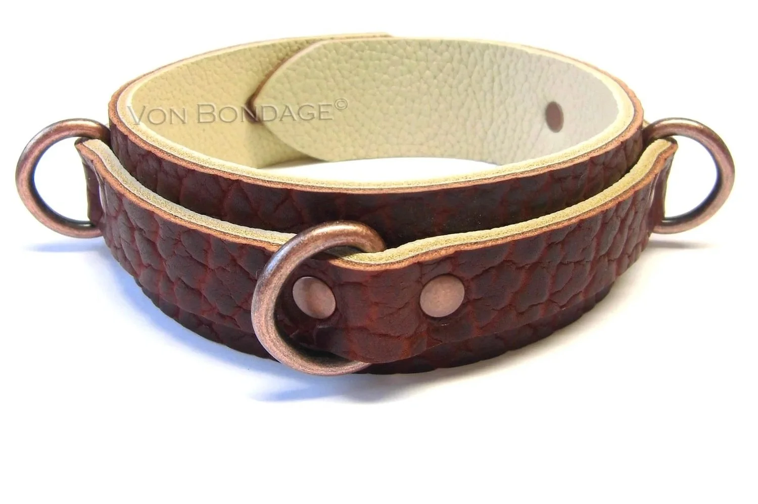 brown bison leather bdsm collar with 3 copper d-rings