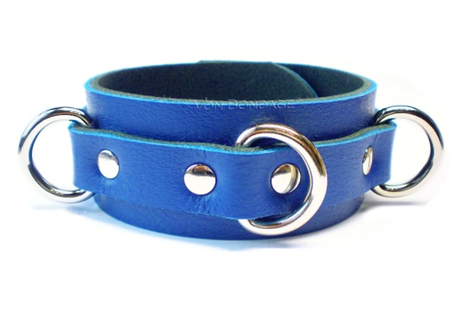 Blue Leather BDSM Collar with 3 D-rings