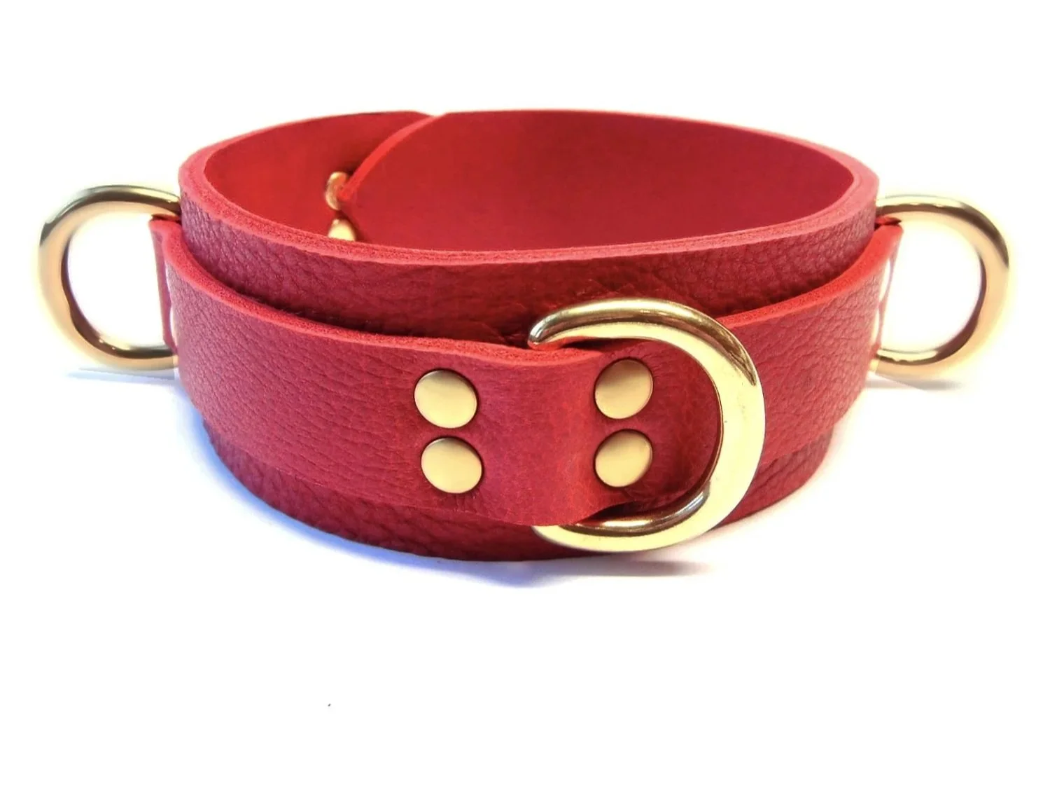 red leather bdsm collar with 3 brass d-rings lined in red lambskin