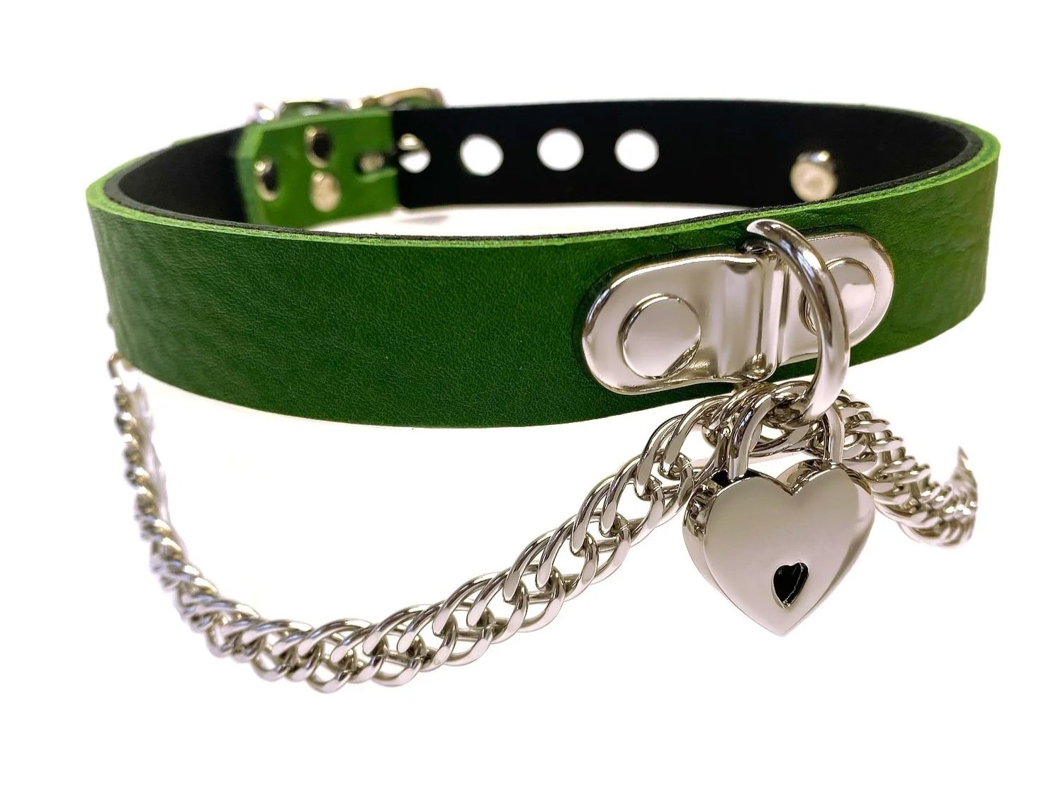 Green Leather submissive Collar with Small Silver Heart Padlock Plated d-ring and Chain