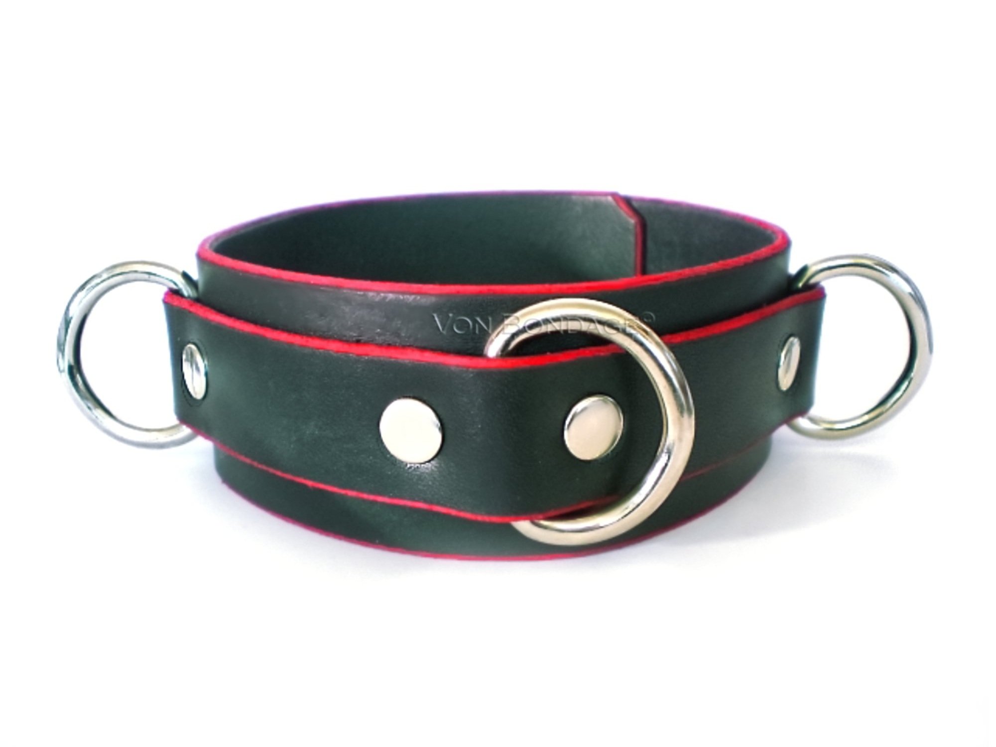 red edged Leather BDSM Collar with 3 Dee Rings
