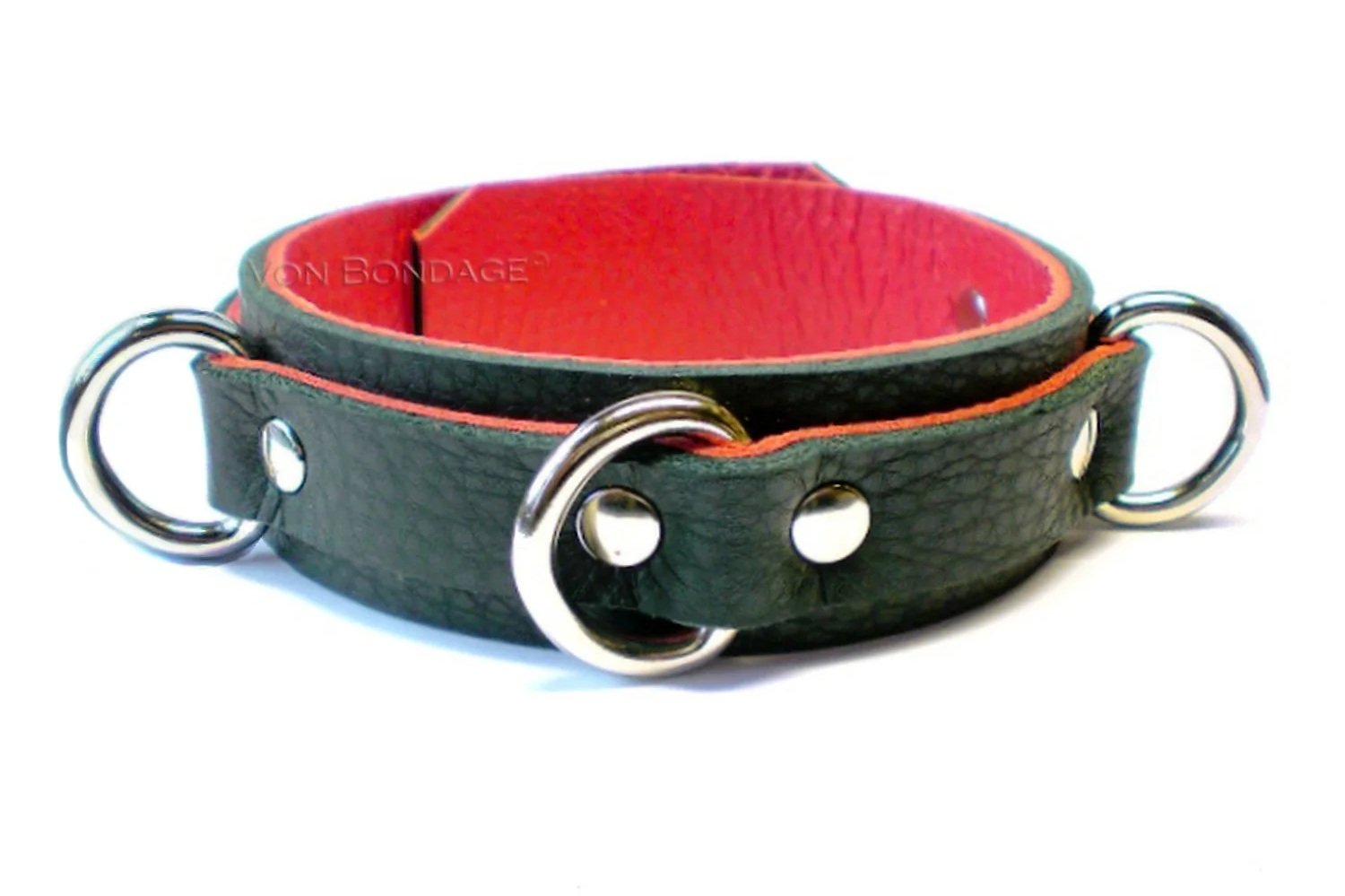 Soft Black & Red slave Collar with 3 dee Rings across front and sides