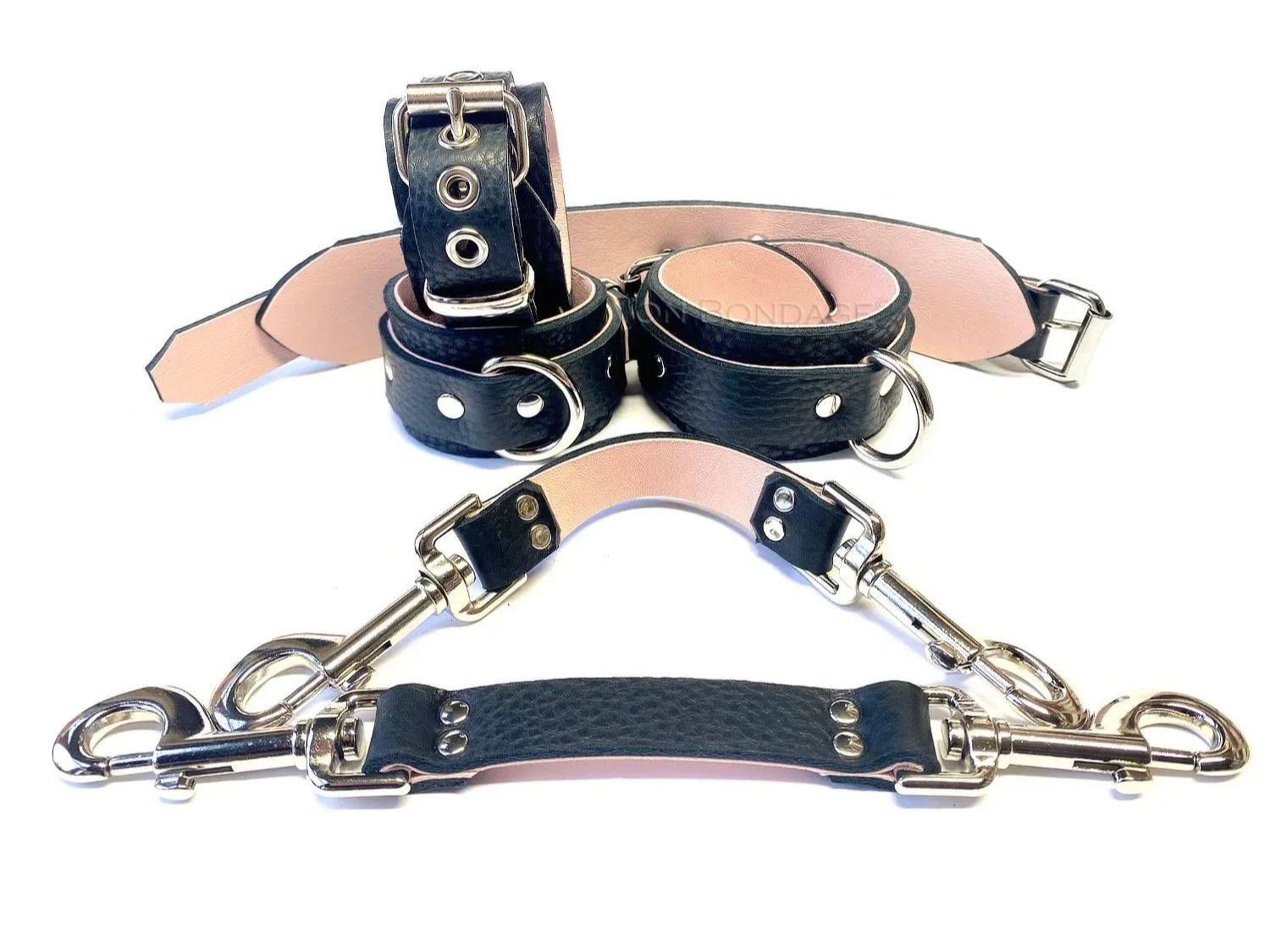 Black Bullhide & Pink Lambskin BDSM Restraints Set Pair of Straps