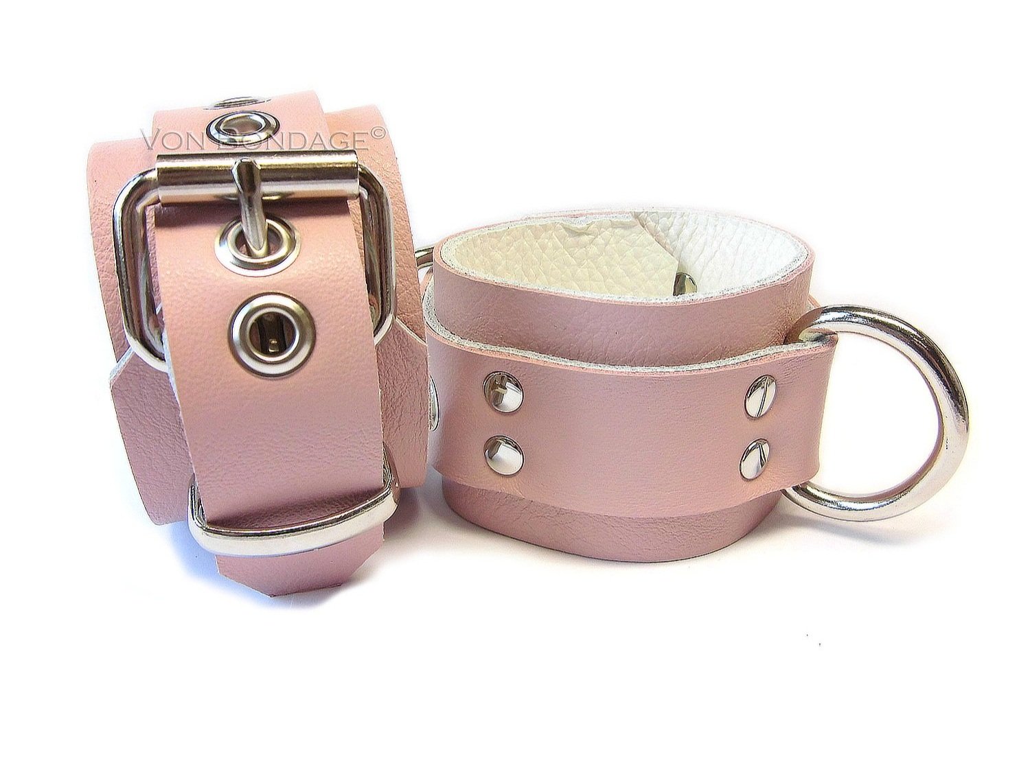 Bondage Restraints in Light Pink Leather with Strong D-Rings