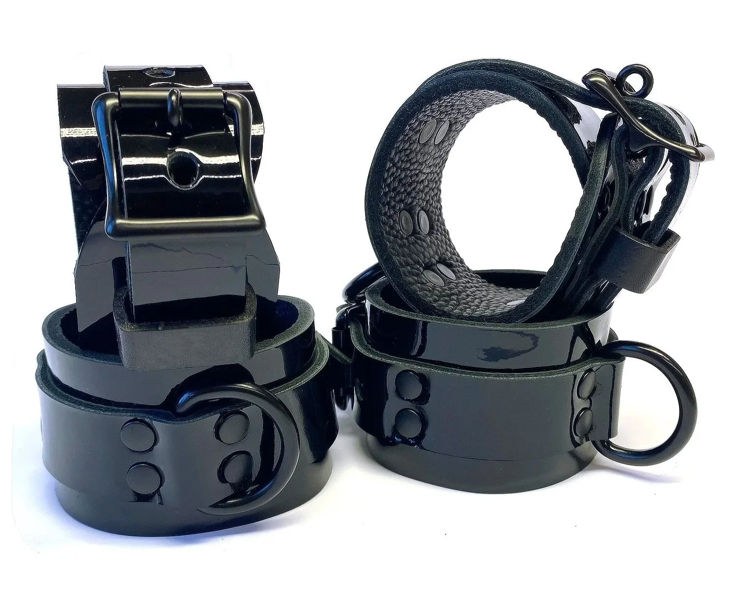 Black Patent Leather Wrist and Ankle BDSM Restraints with Black D-rings and Hardware