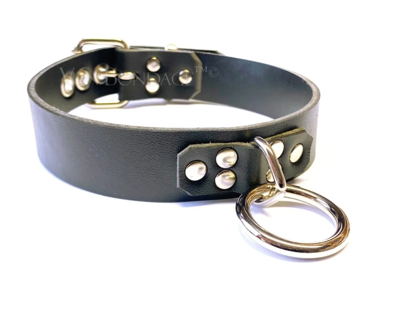 Black vegan faux leather Bondage collar with strong bondage ring using nickel hardware, handcrafted by Von Bondage.