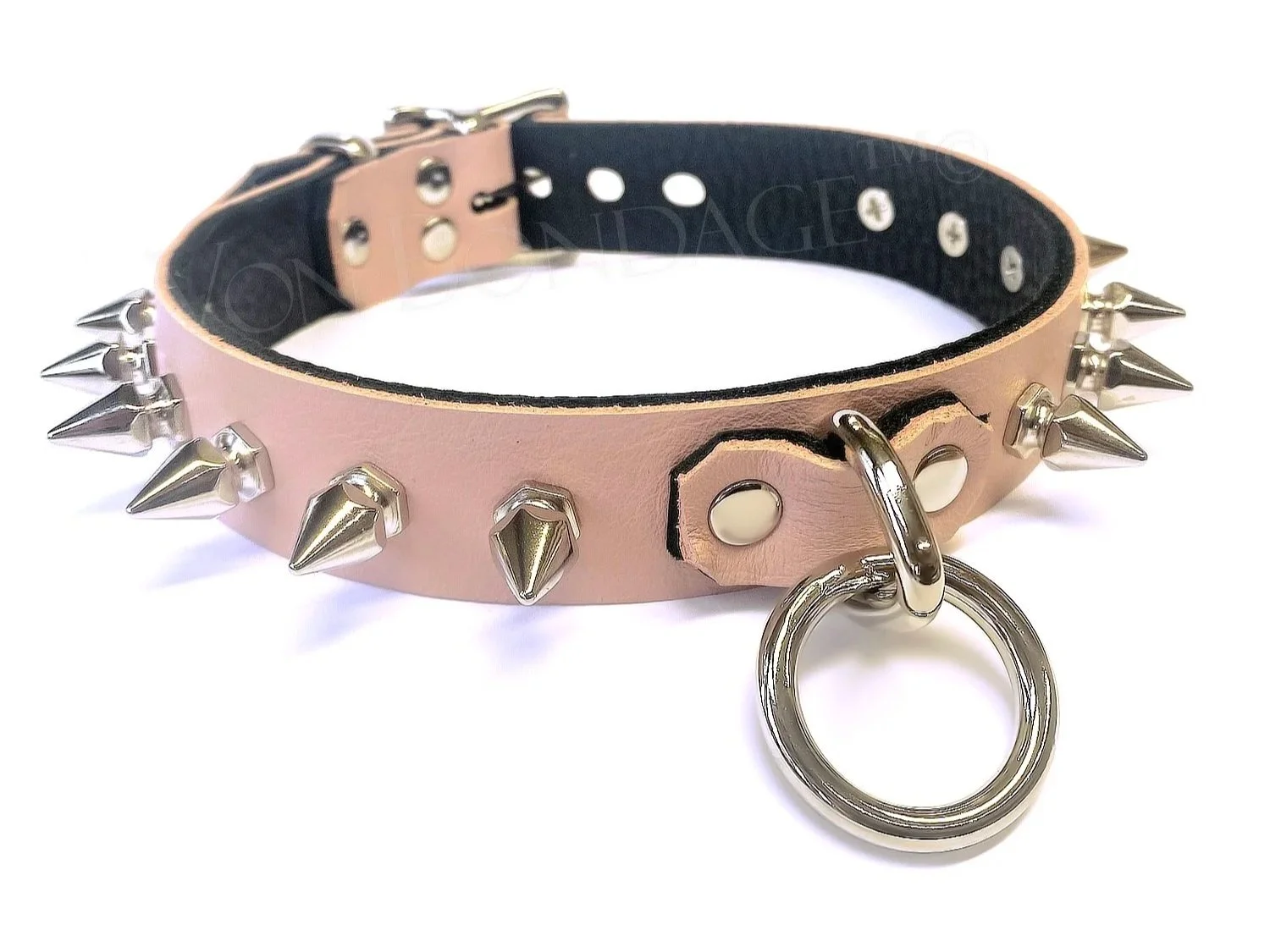pink leather spiked collar with bondage ring