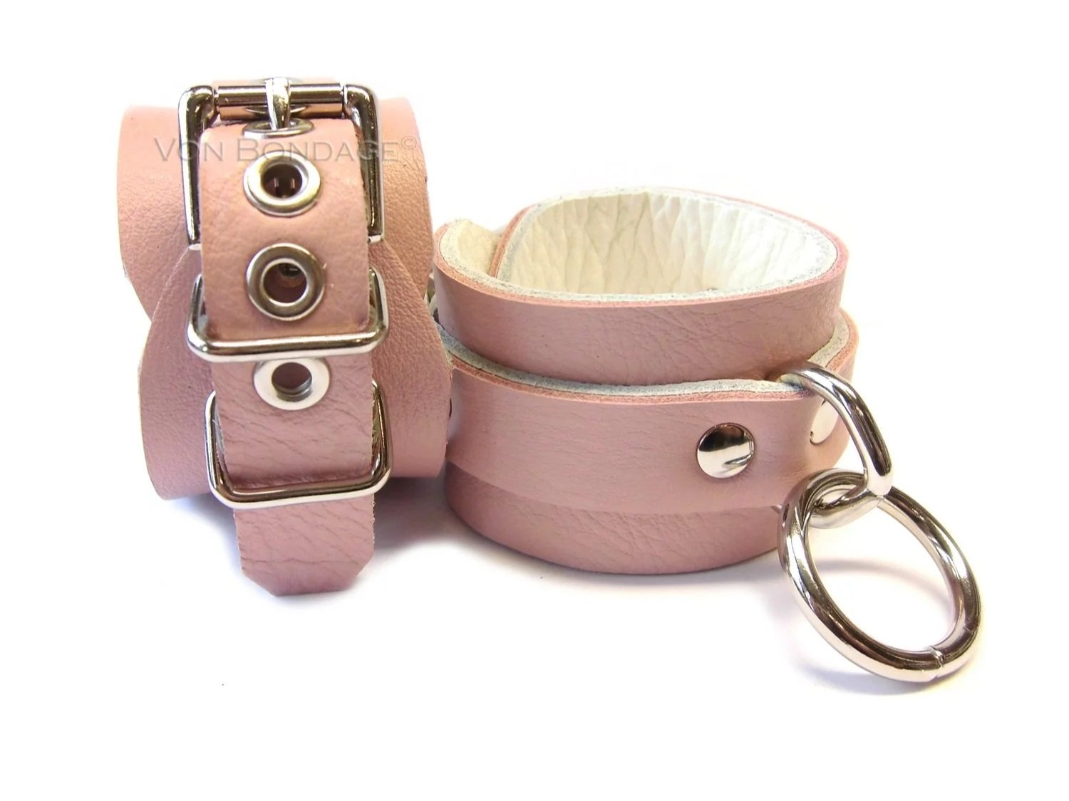 Pair of Pink & White Leather Restraints with Bondage Rings