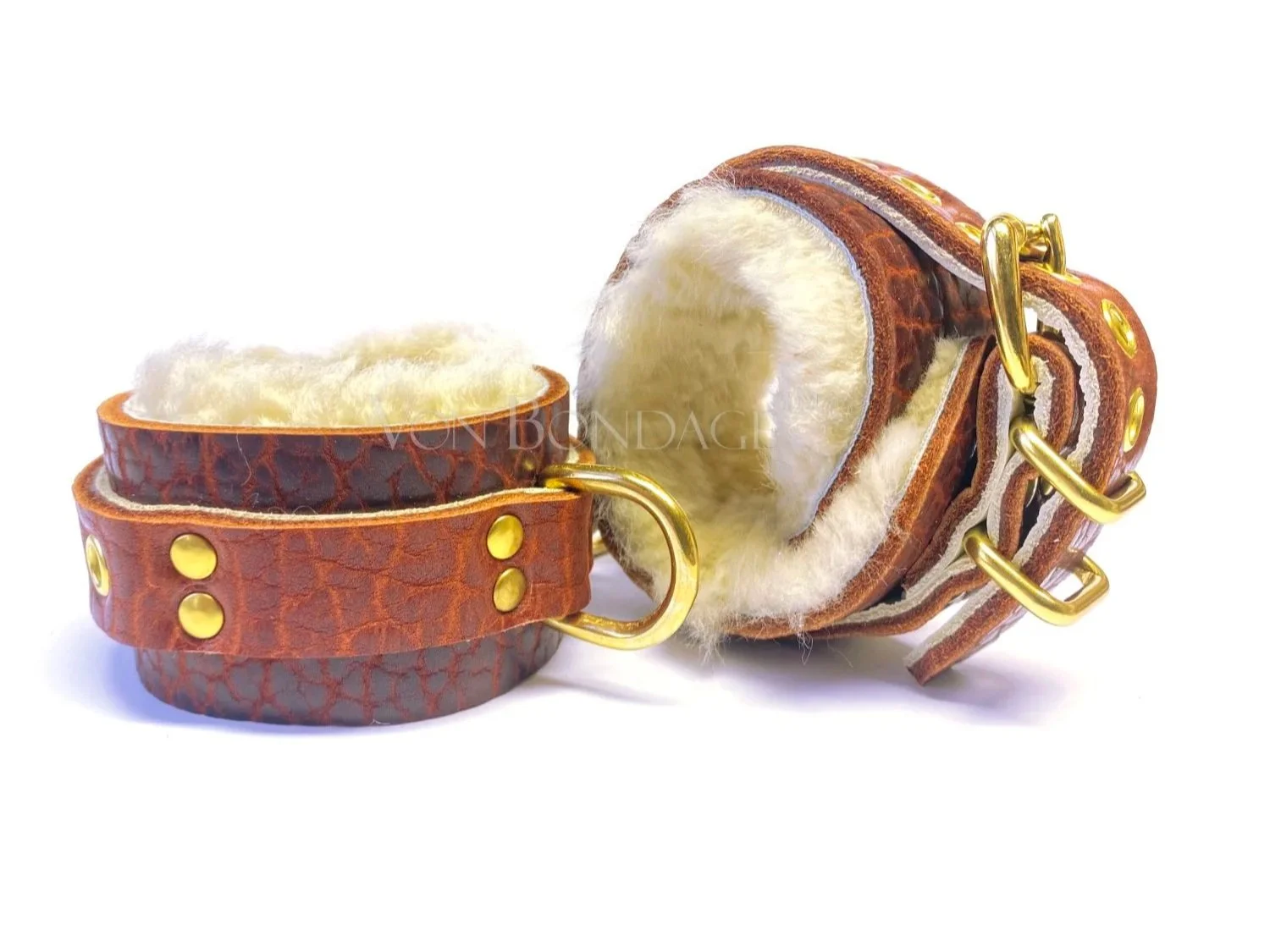 Sheepskin BDSM Cuffs with Solid Brass D-Rings