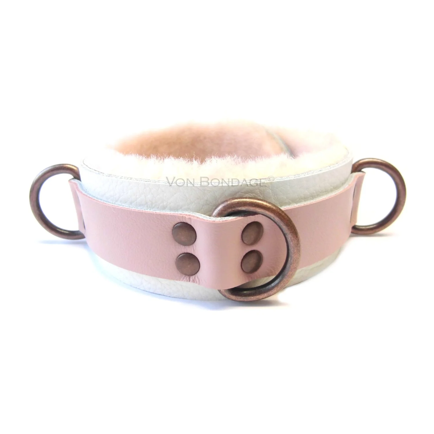 Fur lined BDSM Collar in White and Pink Leather with Pink Sheepskin lining