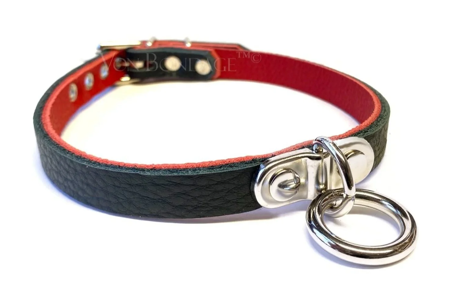Discreet BDSM Day Collar with Plated Ring in black and red leather