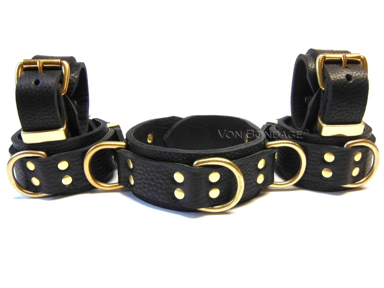 Leather Bondage Restraints & Collar Set in Brass in bison bullhide leather