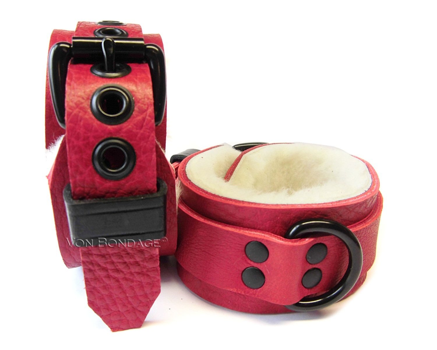 Red & White Sheepskin BDSM Restraints with Black Dee Rings