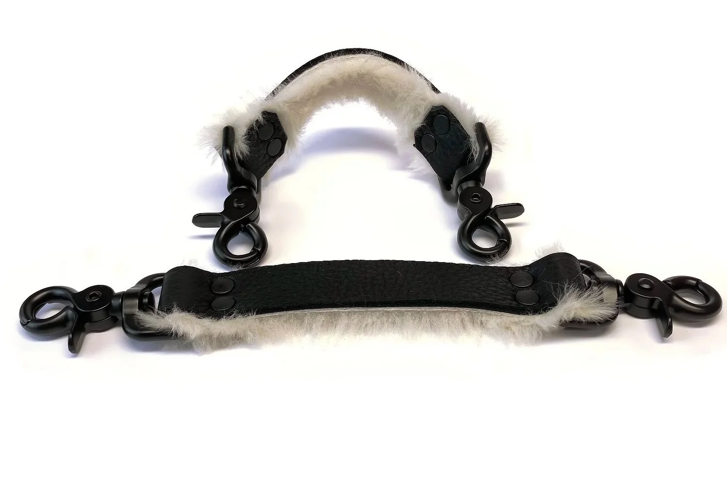 Pair of black Bullhide white Sheepskin Fur BDSM Straps with Scissor Clips