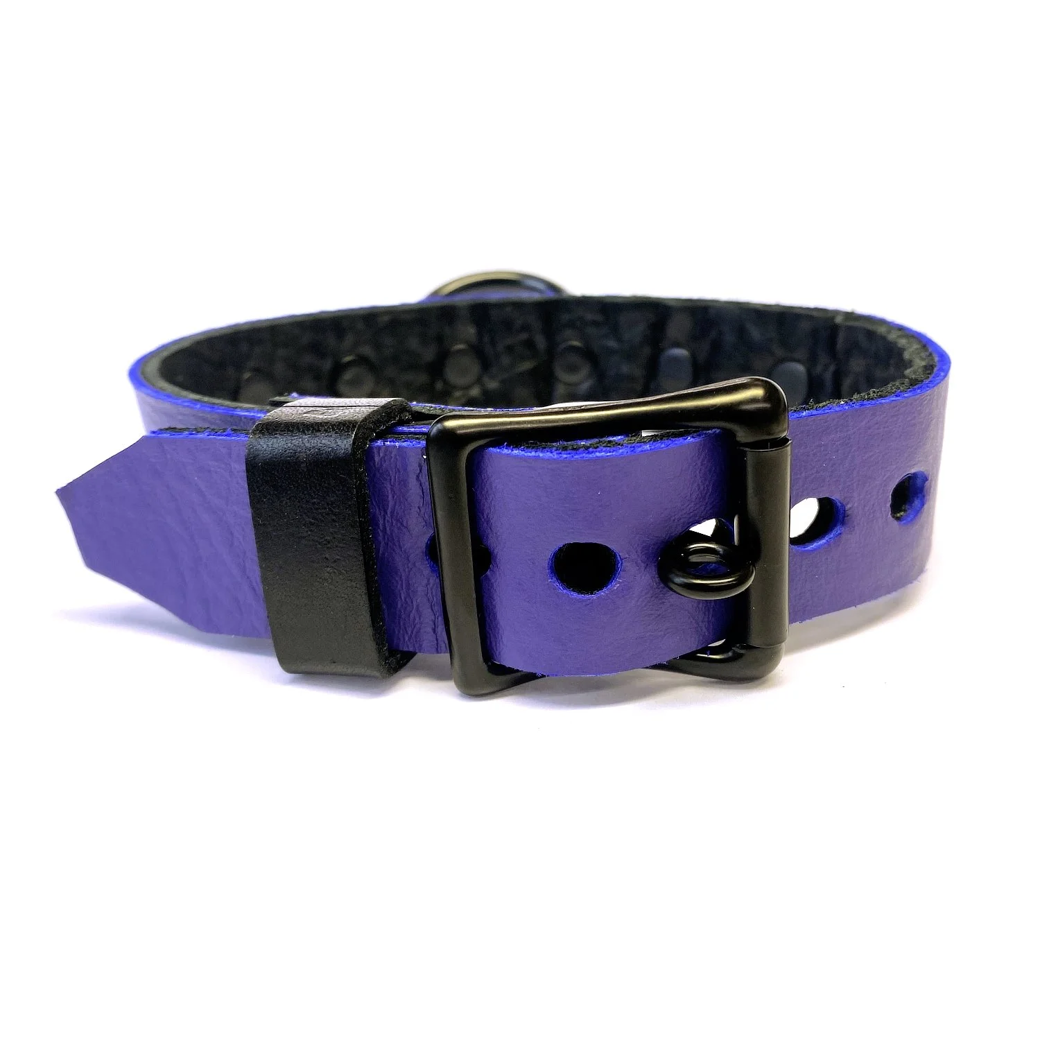 black lockable buckle on purple leather bdsm collar