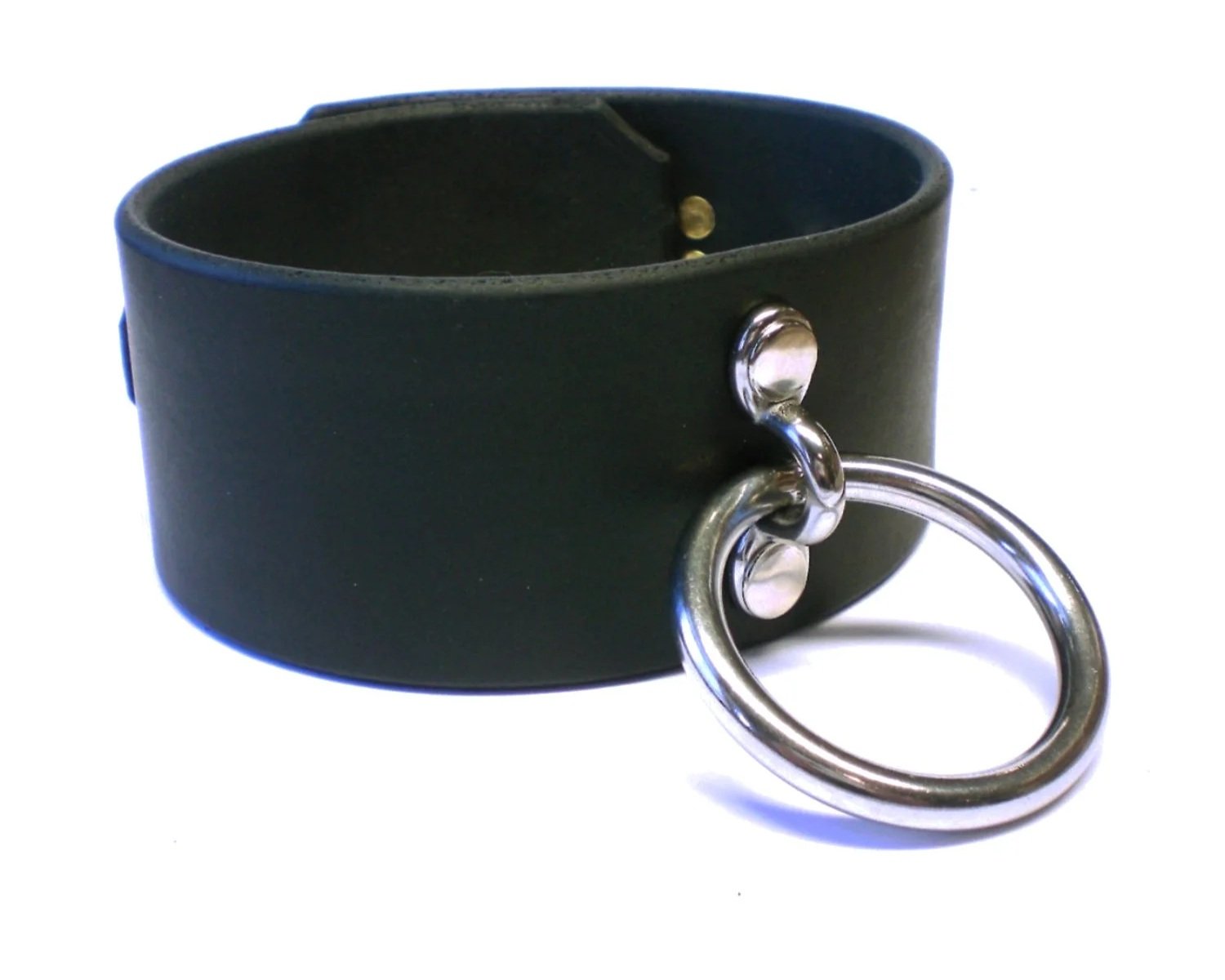 Black leather tall posture style bondage collar with stainless steel Ring