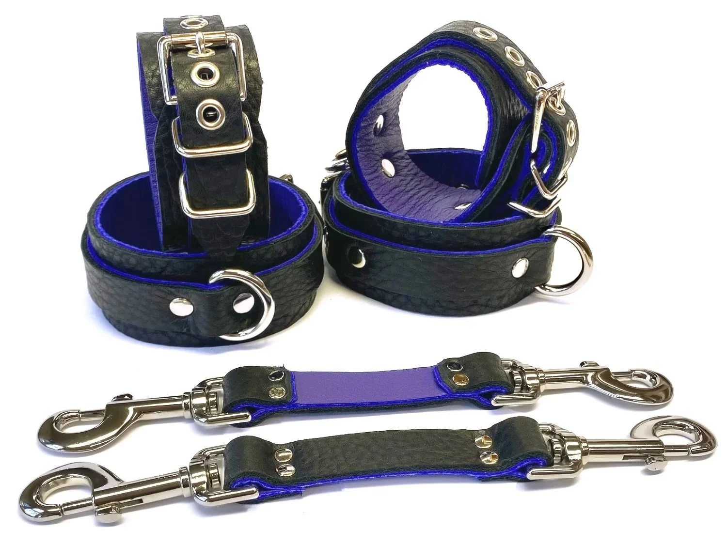 Leather Restraints Set with Bondage Straps lined in Purple Leather
