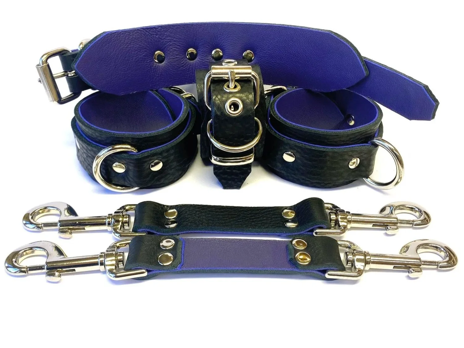 Bullhide Leather BDSM Restraints Set lined in purple lambskin with Pair of Hogtie Straps