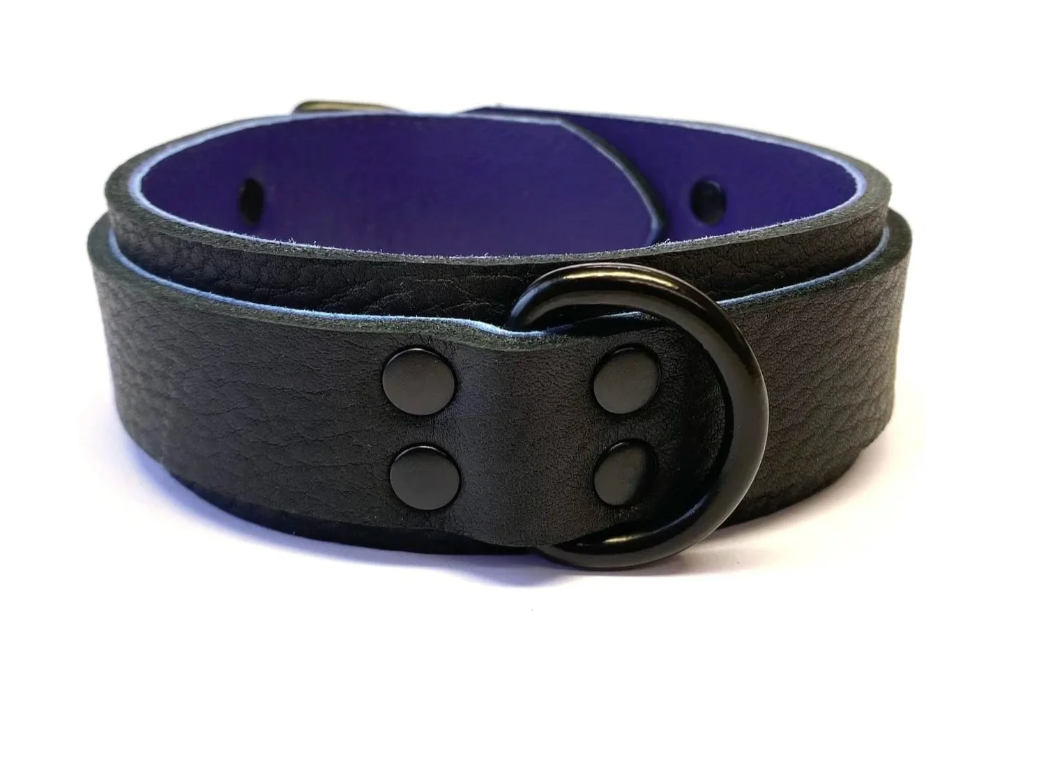 Bullhide Leather Bondage Collar lined in purple lambskin with Black D-ring and double row rivets