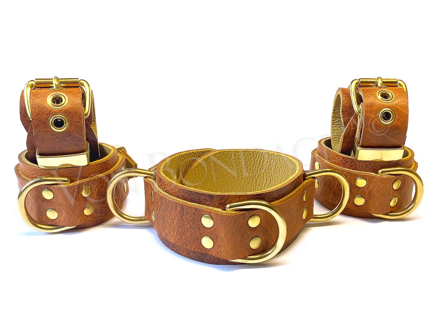 Leather Bondage Restraints & Collar Set in Brass in whiskey bison