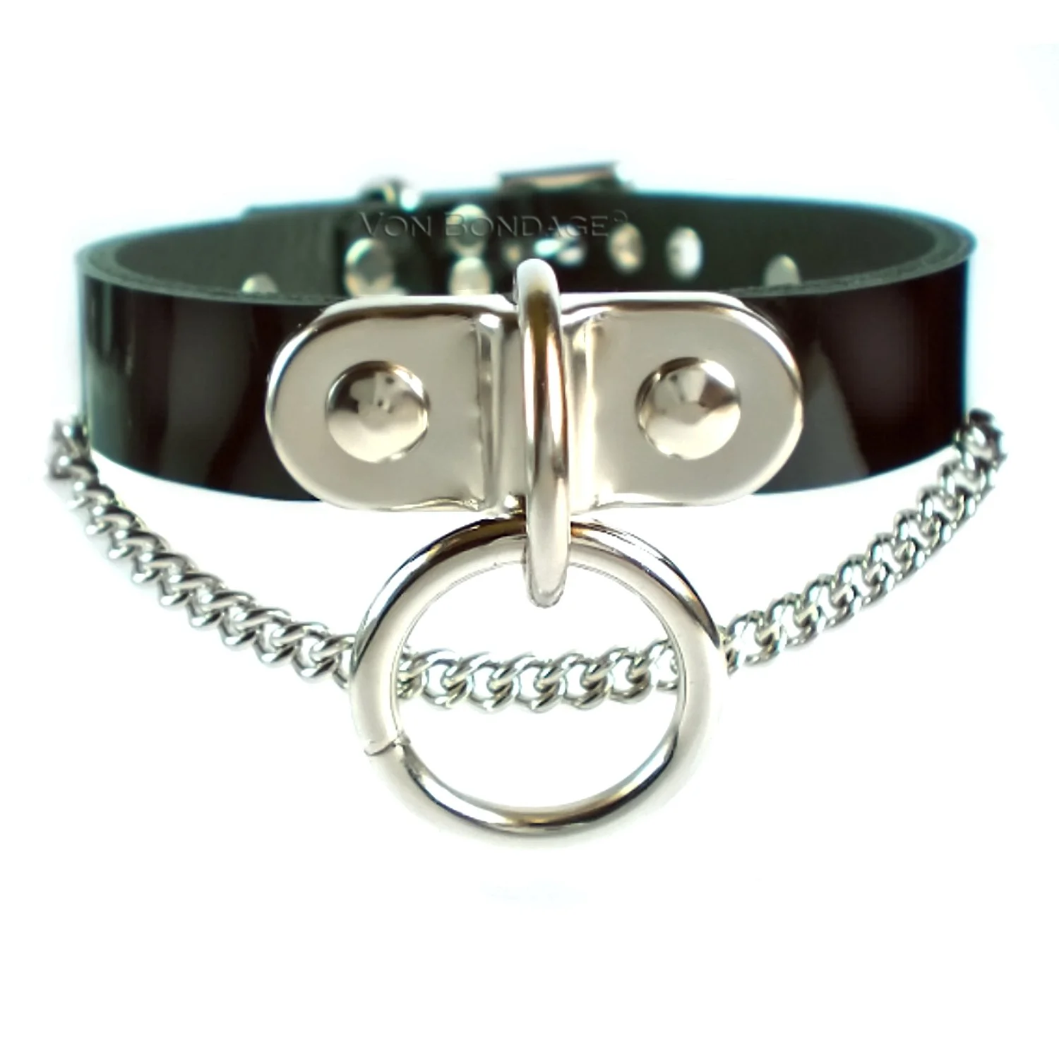 Black Patent Leather BDSM Collar with Plated D&O Ring and Chain