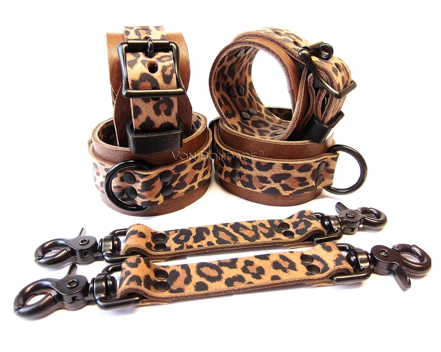 Leopard & Brown Leather Bondage Restraints Kit with pair of BDSM Straps in Black Steel