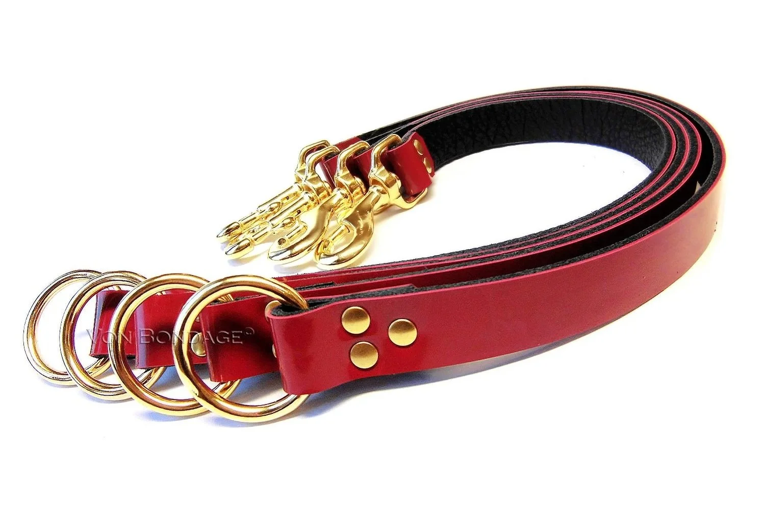 Red Patent Leather Bed Restraints in Solid Brass