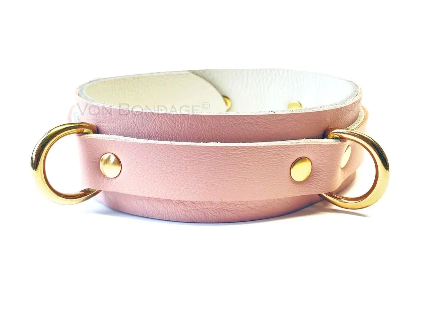 light pink leather bdsm slave collar with 3 brass d-rings