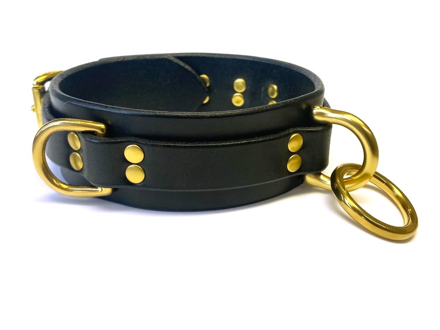 Black Latigo Leather BDSM Collar with Brass D-rings and O-ring dbl rivets
