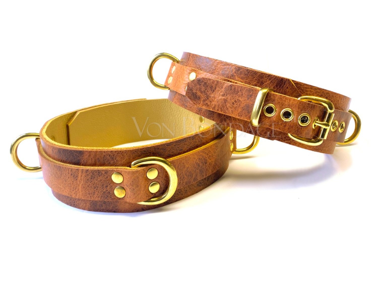 Brown Bison Leather Thigh Restraints with triple Brass D-Rings