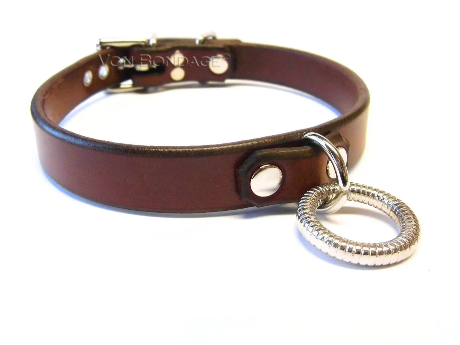 Brown Leather Lockable Collar with Ribbed Ring