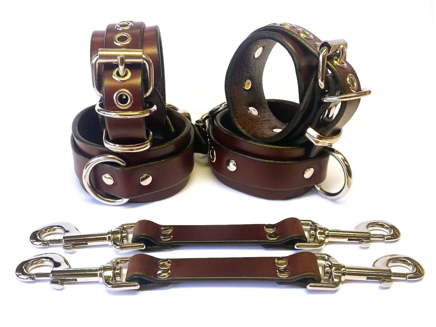 Brown Leather BDSM Restraints Set with Pair of Hogtie Straps