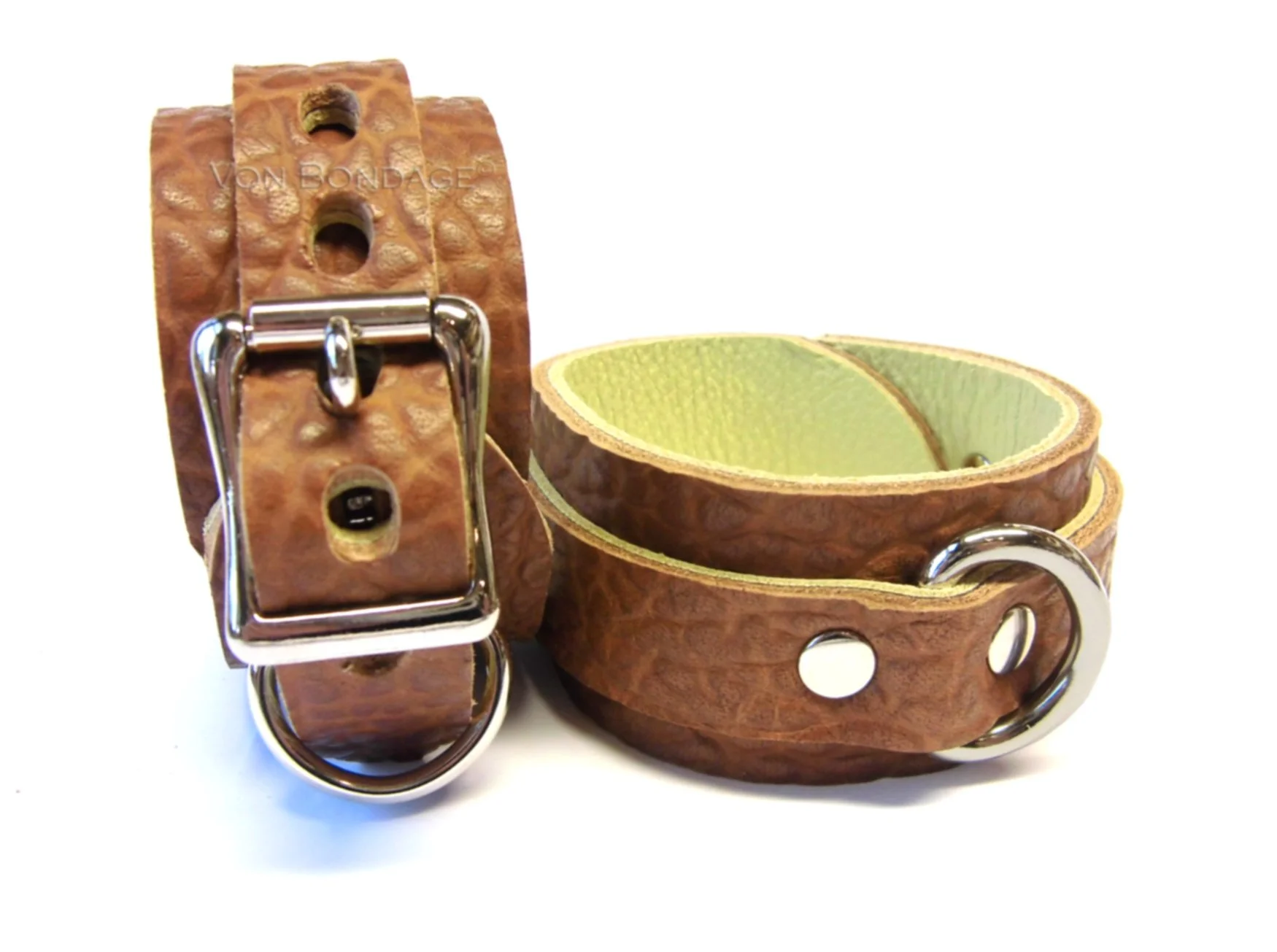 Brown Bullhide Lockable Leather Restraints with 3/4" Dee Rings