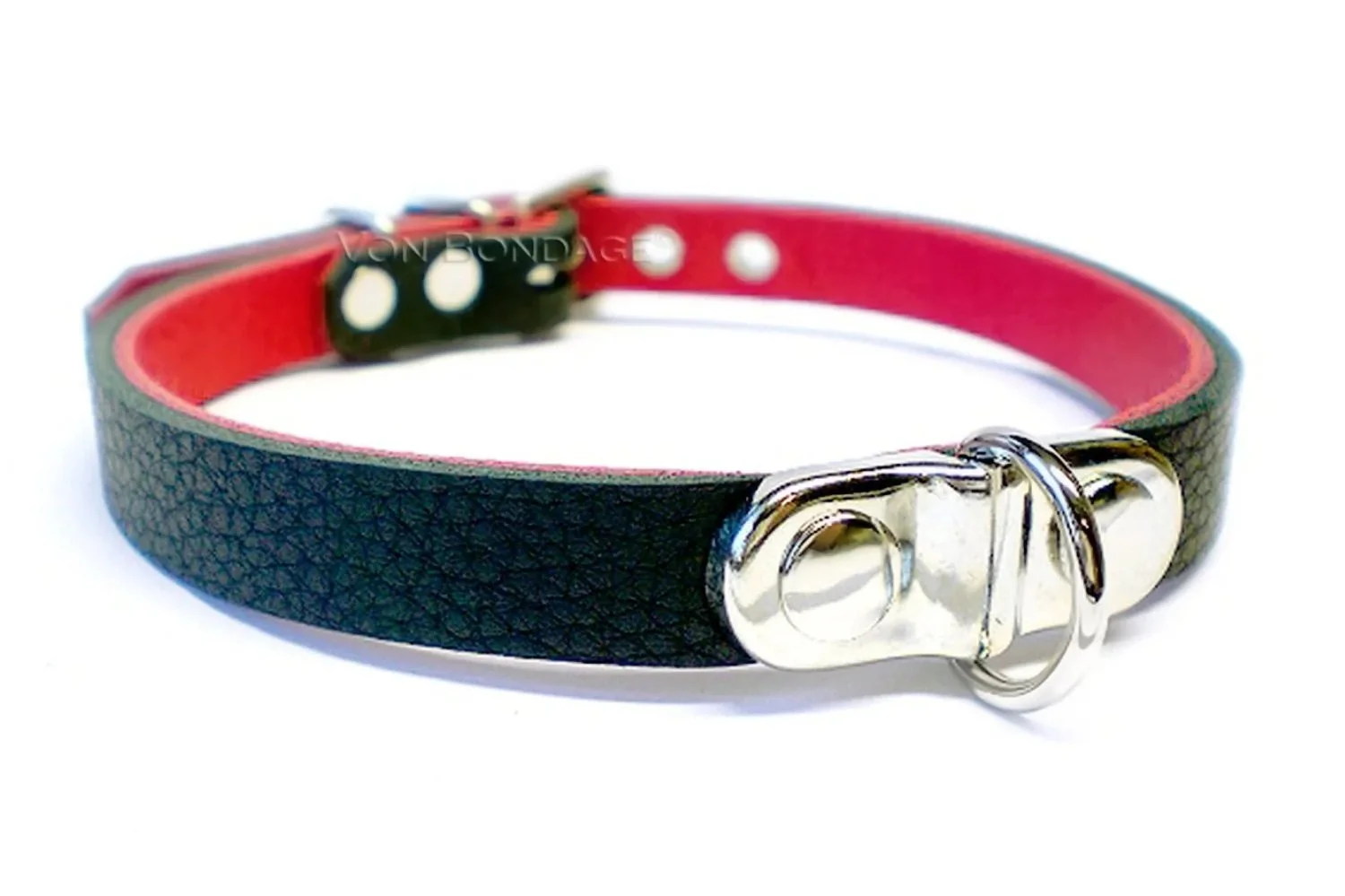 Black & Red Leather Day Collar with Small Plated D-ring