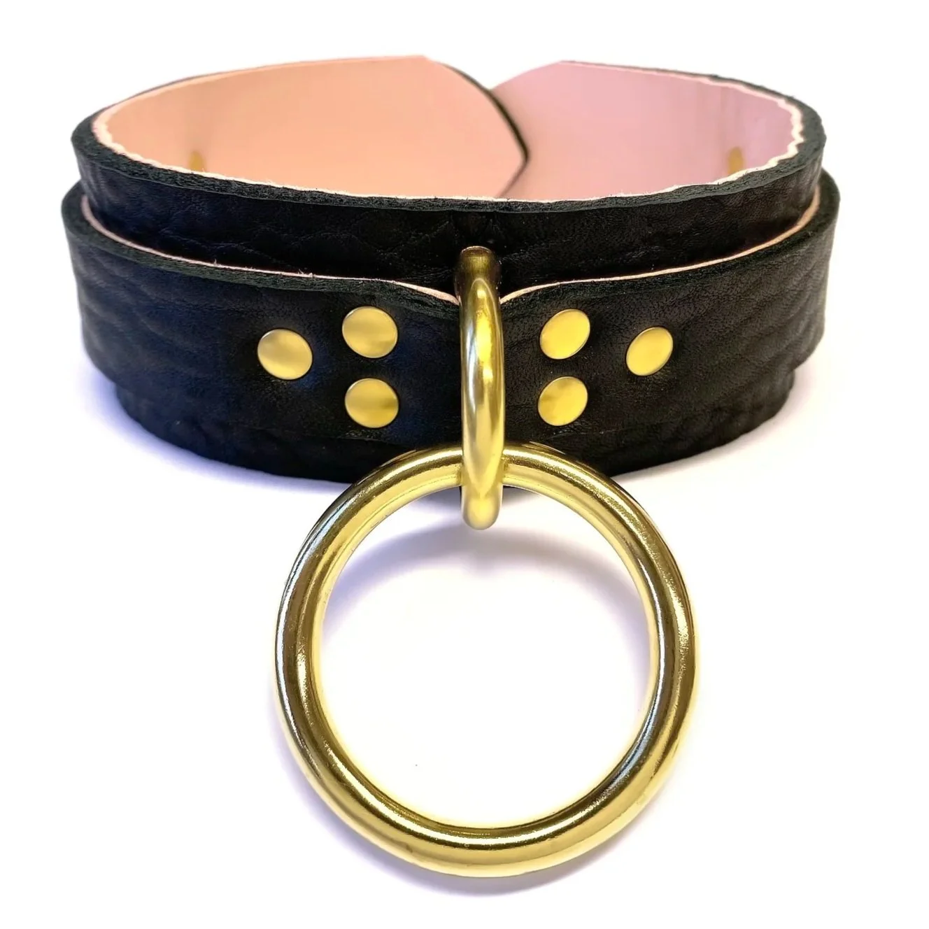 Black Bullhide Leather BDSM Collar lined in Pink Lambskin with Solid Brass O-ring