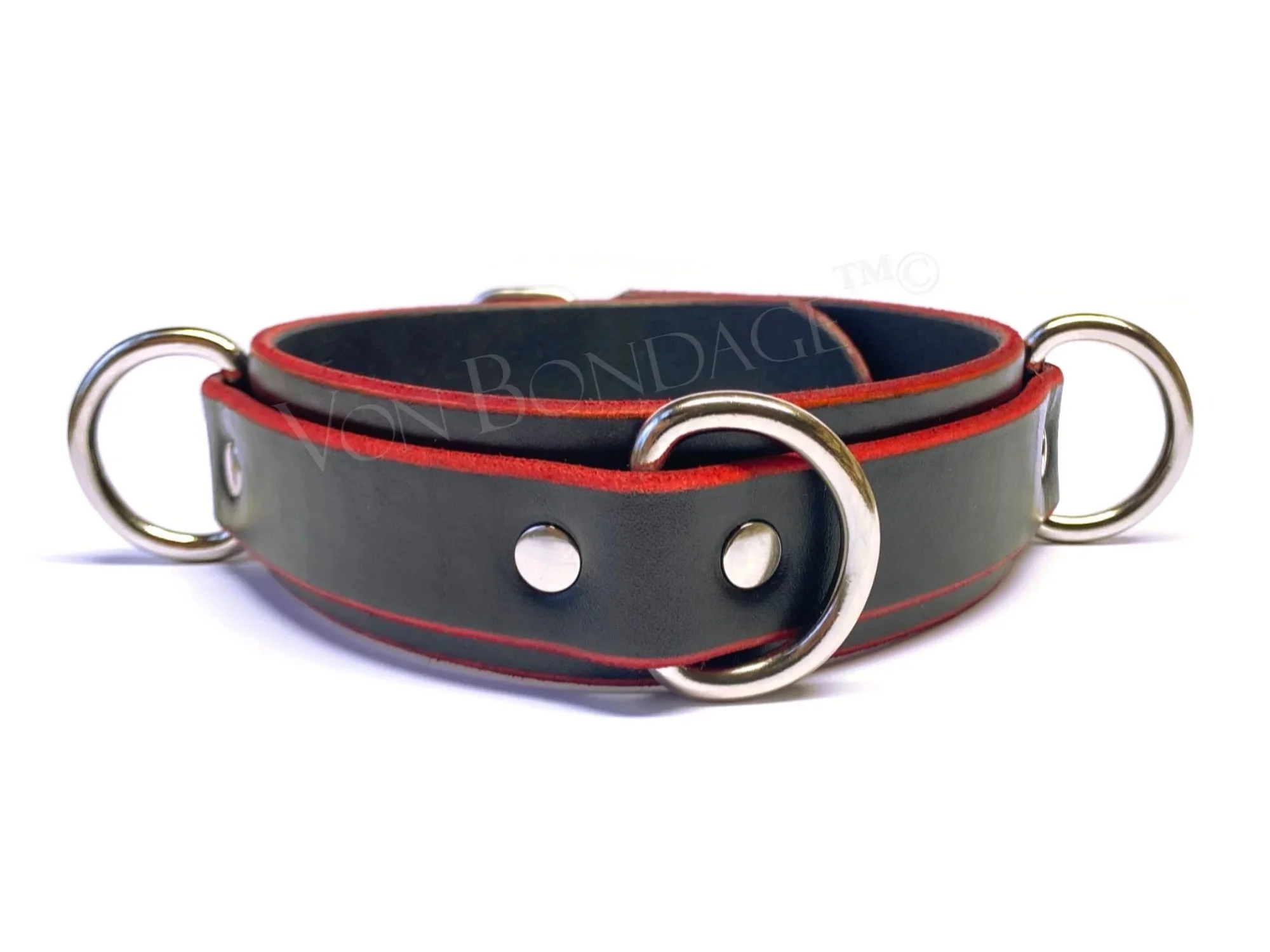 Black Leather BDSM Collar with Red Edges holding 3, 25mm D-rings