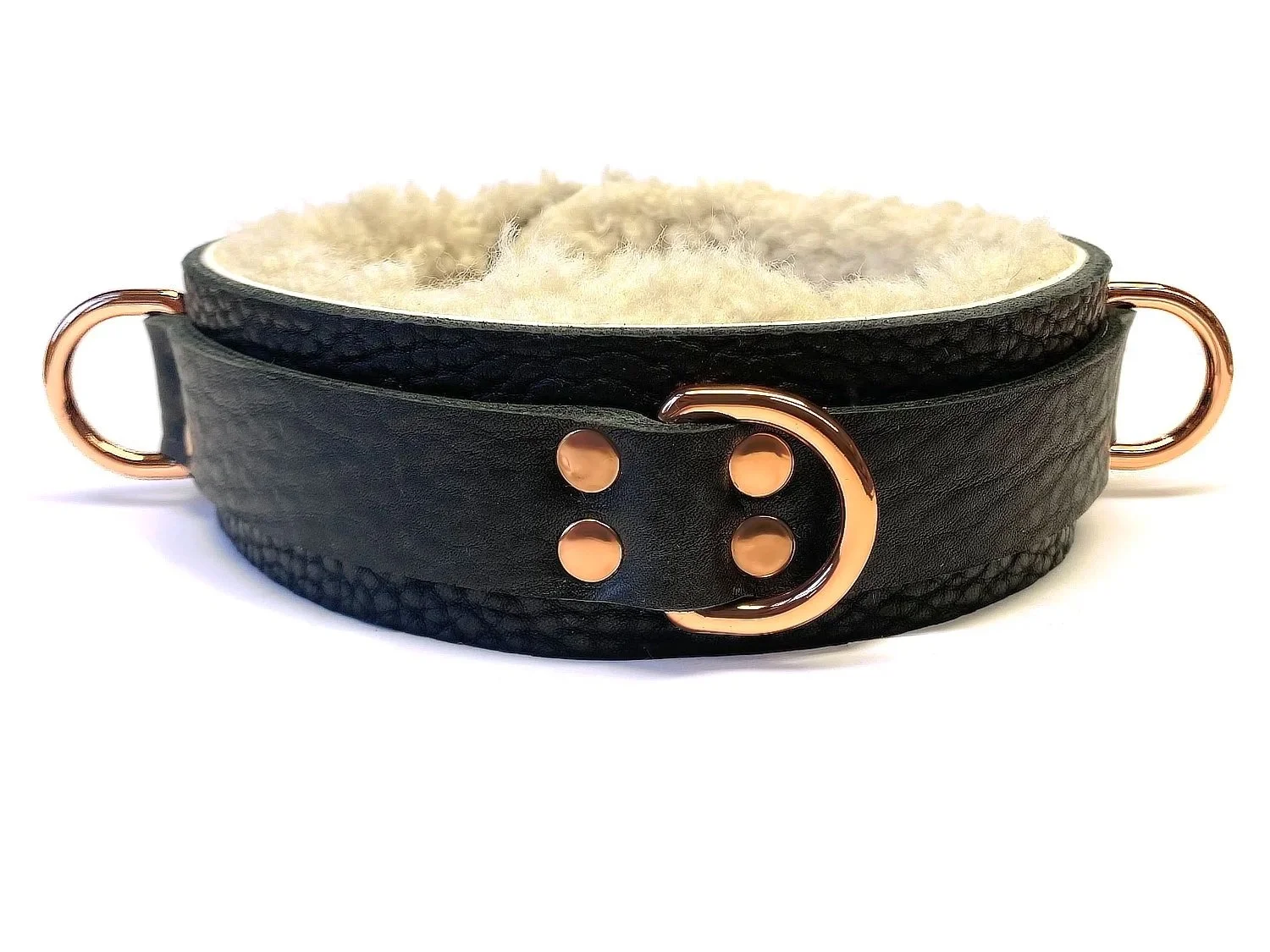 Fur-lined BDSM Collar in Curly Beige Sheepskin with 3 Shiny Copper D-rings