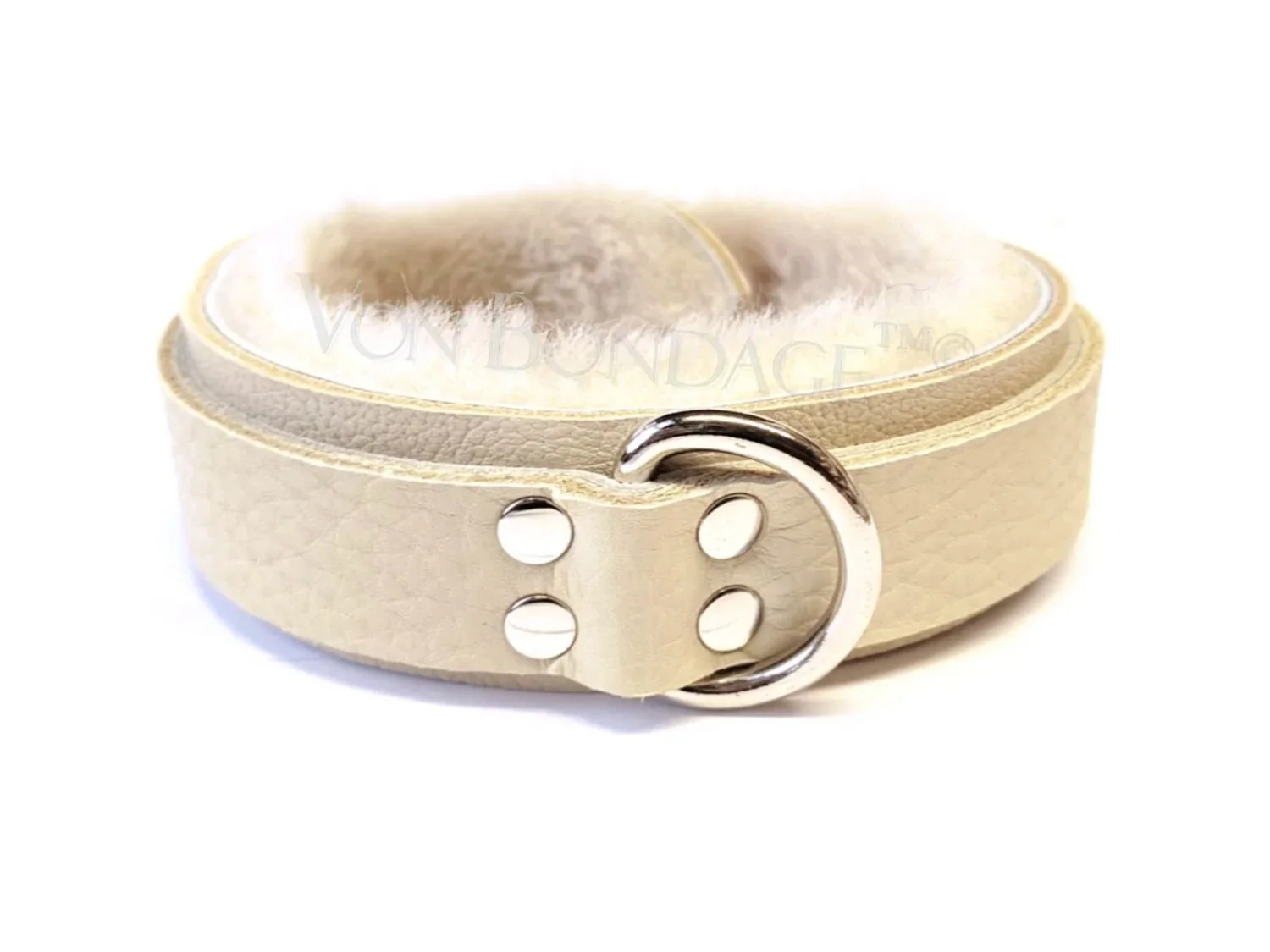cream bullhide leather bdsm collar with cream sheepskin fur lining