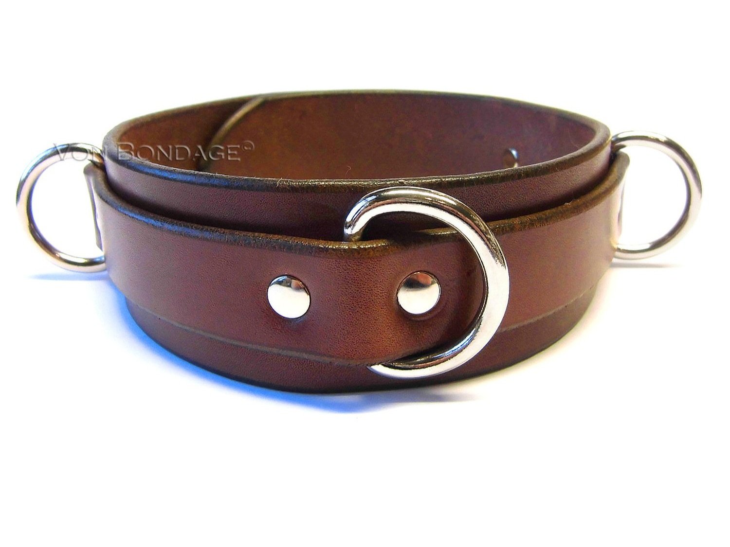 brown Leather BDSM Collar with 3 Dee Rings