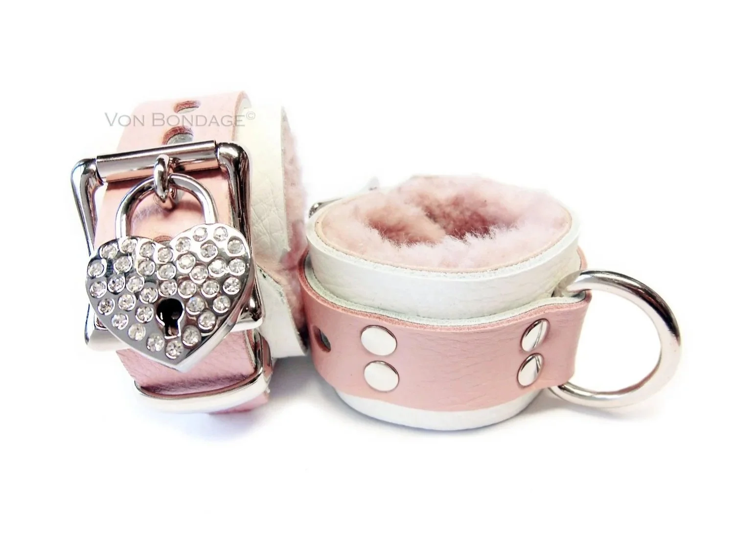 Pair of Pink and White Leather Restraints lined in soft Pink Sheepskin Fur