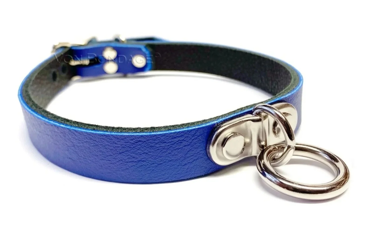 Blue Leather submissive choker with plated ring
