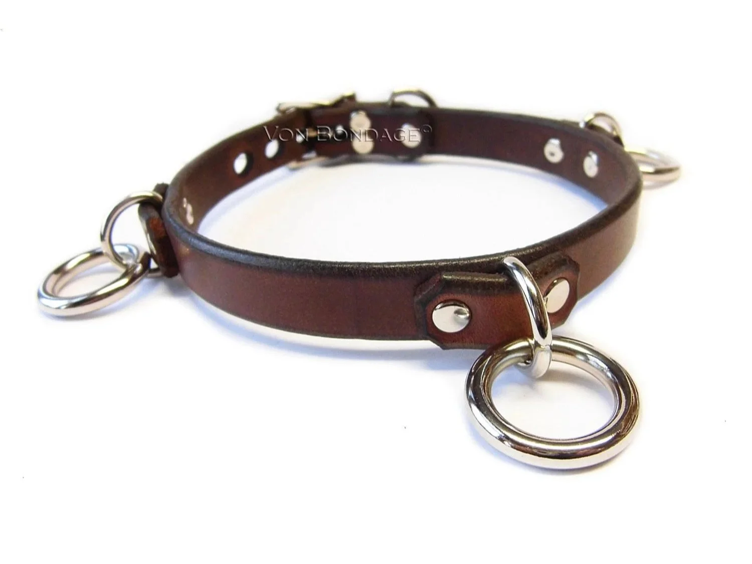 Brown Leather Lockable Collar with 3 Small D&O Rings