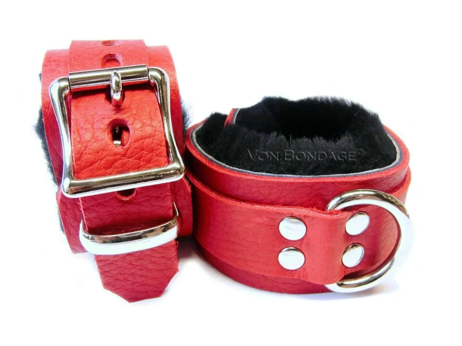 Pair of Red Leather Restraints lined in soft Black Sheepskin Fur