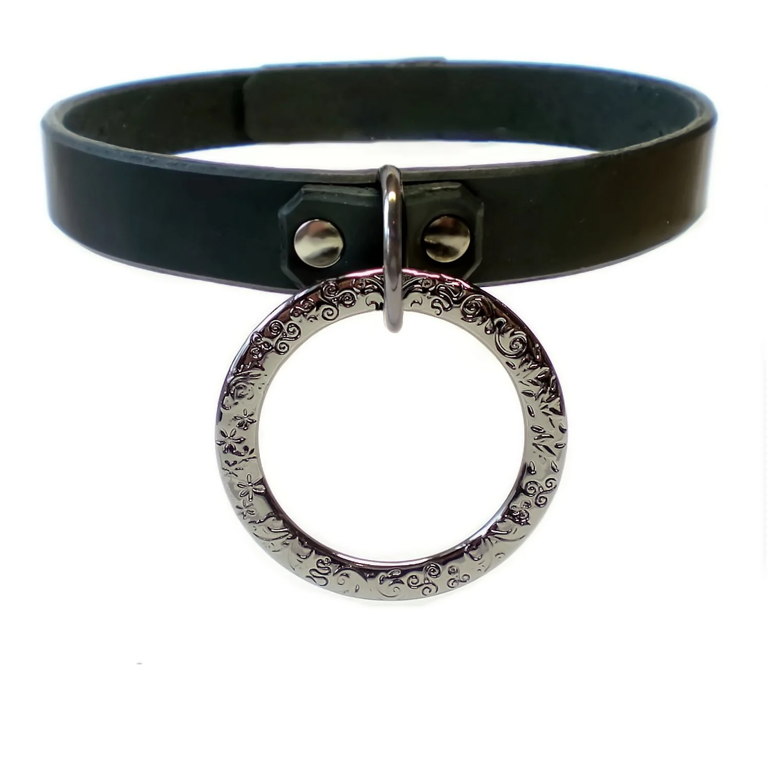 Lockable Leather Collar with Fancy Engraved Ring