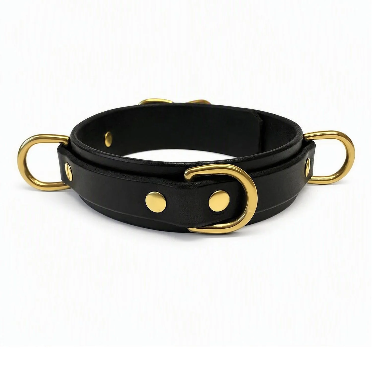 Black Leather BDSM Collar with 3 Solid Brass D-rings